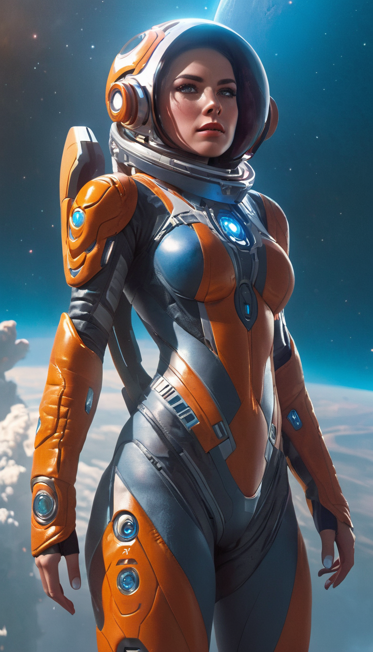 Stunning female in space suit, sci-fi, extremely beautiful piercing eyes, cinematic scene, hero view, action pose, scenery, detailed background, masterpiece, best quality, high quality, intricate, absurdres, very detailed, extremely high resolution, 8k, vivid, colorful, Greg Rutkowski <lora:greg_rutkowski_xl_v2:1>