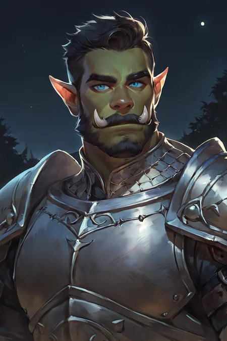 score_9, score_8_up, score_7_up, rating_safe, 1boy, solo, male focus, mature male, orc, green skin, tusks, blue eyes, short hair, black hair, facial hair, beard, mustache, looking at viewer, armor, shoulder armor, breastplate, pauldrons, upper body, closed mouth, standing, outdoors, night, night sky, dark background <lora:Concept Art Eclipse Style LoRA_Pony XL v6:1>