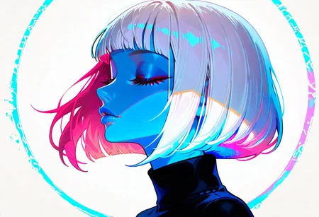 (fine fabric emphasis:1.2), masterpiece,best quality,highres,absurdres,best quality,amazing quality,very aesthetic,absurdres, flat color, no lineart, ultraviolet, newest, absurd res, hi res, very awa, 
masterpiece, best quality, good quality, very awa, very aesthetic, absurdres, newest, 1girl, solo, short hair, simple background, white background, upper body, closed eyes, white hair, pink hair, multicolored hair, parted lips, blunt bangs, from side, lips, profile, makeup, turtleneck, bob cut, lipstick, eyeshadow, nose, blue lips, blue theme, circle, haiz_ai, no lineart,no outline,