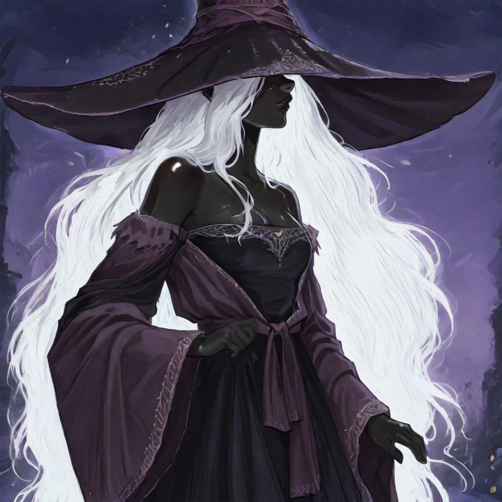 masterpiece, best quality, newest, absurdres, highres, vintage anime, 90s anime, 1girl, ERNRRE-V1.0, very dark skin, dark-skinned female, black skin, black colored skin, colored skin, hat, witch hat, robe, off shoulder, white hair,