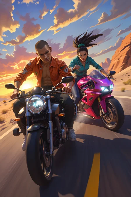 On an empty desert highway, a tan-skinned Filipino man with a buzz cut and a sleeveless orange racing jacket grips the handlebars of a sleek black motorcycle, his body leaning low as he speeds forward. Beside him, a light-skinned Persian woman with jet-black hair tied in a high ponytail rides a bright pink and purple bike, her teal jacket fluttering in the wind. The neon glow of their motorcycles streaks across the pavement, reflecting against the chrome as the sun sets behind them in a blaze of fiery colors. Their expressions are locked in fierce determination, neither willing to let the other take the lead.<lora:XRSTYLE_FLUX:0.5><lora:black_fantasy_1.0:0.5><lora:FluxDFaeTasticDetails:0.7>