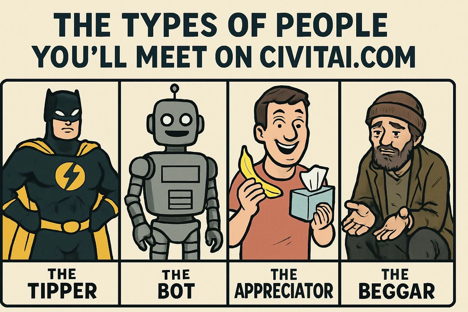 Create a visual infographic describing "The types of People You’ll Meet on Civitai.com". Using 4 panels.
First Panel: A black and yellow super hero with a lightning bolt symbol on his chest with the description text "The Tipper"
Second Panel: A robot with the description text "The Bot"
Third Panel: A man holding a banana and a box of tissues with the description text "The Appreciator"
Fourth Panel: A homeless man sitting with his hands out begging with the description text "The Beggar"