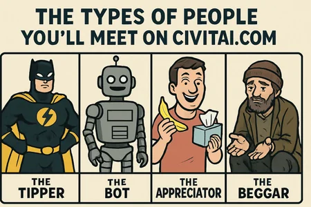 Create a visual infographic describing "The types of People You’ll Meet on Civitai.com". Using 4 panels.

First Panel: A black and yellow super hero with a lightning bolt symbol on his chest with the description text "The Tipper"

Second Panel: A robot with the description text "The Bot"

Third Panel: A man holding a banana and a box of tissues with the description text "The Appreciator"

Fourth Panel: A homeless man sitting with his hands out begging with the description text "The Beggar"