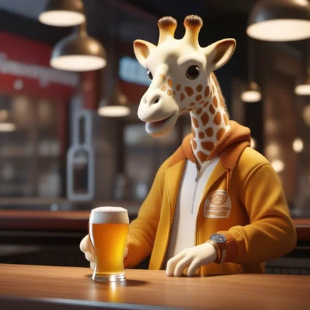 professional 3d model an anthropomorphic giraffe animal wearing a tracksuit, having a beer in a pub <lora:Sophie1024:0.8> . octane render, highly detailed, volumetric, dramatic lighting