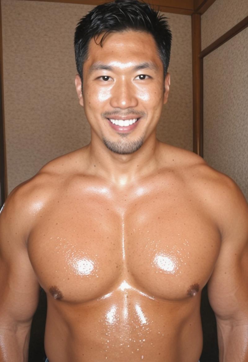 Anime, quality,high quality,masterpiece,extremely detailed,correct anatomy,best aesthetic, detailed face, 1man,  (grk_nozomu:1.3), (East Asian Face:1.3), (short hair, black hair, large pectorals, tanned skin, big taller_male, steamy, close up portrait, sweaty body, smile), (dark puffy nipples:1.4), (,hairy armpits, looking at viewer,  bulge jeans with precum), ( jeans, dark grey tanktop, sweaty tanktop, close up portrait, upper body focus, lower angle,), standing, indoor,