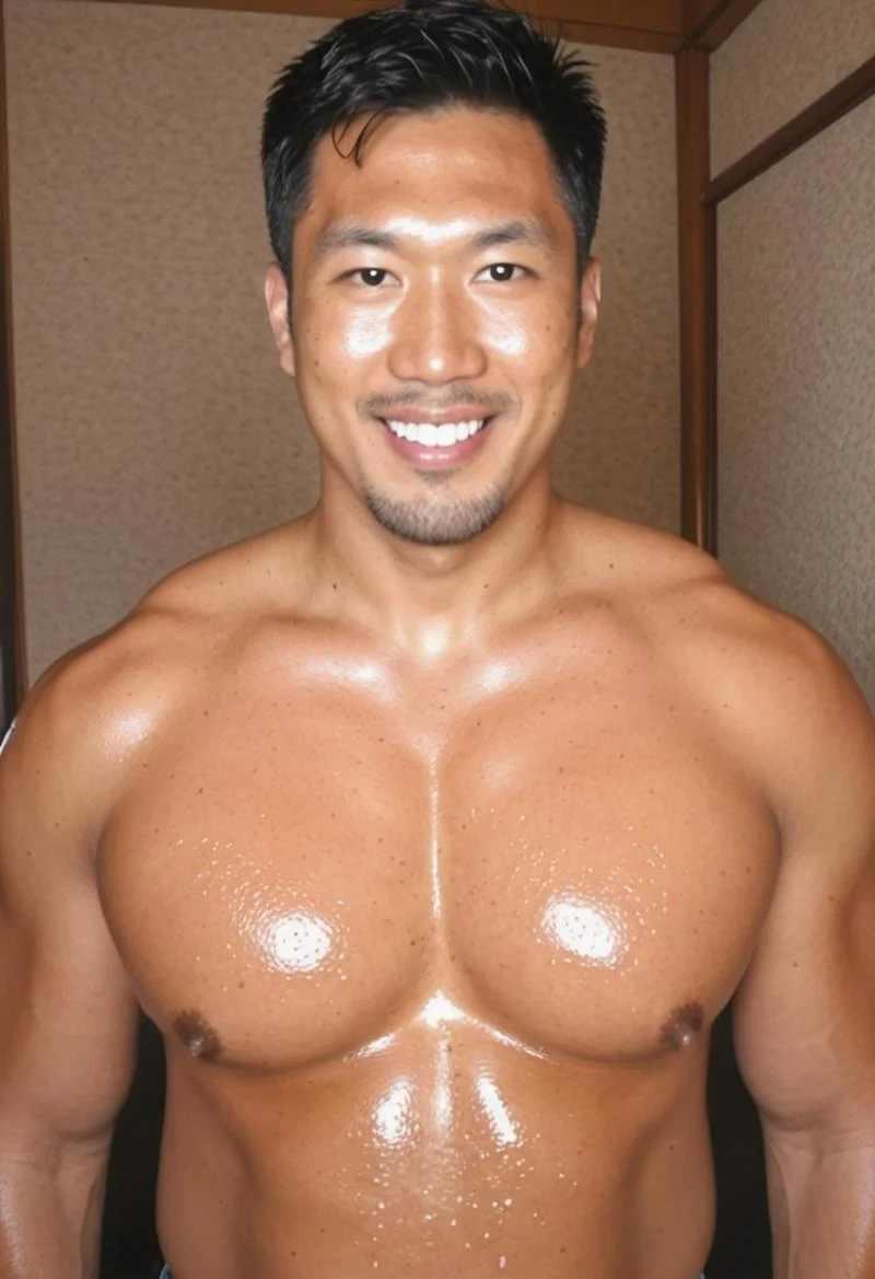 Anime, quality,high quality,masterpiece,extremely detailed,correct anatomy,best aesthetic, detailed face, 1man, (grk_nozomu:1.3), (East Asian Face:1.3), (short hair, black hair, large pectorals, tanned skin, big taller_male, steamy, close up portrait, sweaty body, smile), (dark puffy nipples:1.4), (,hairy armpits, looking at viewer, bulge jeans with precum), ( jeans, dark grey tanktop, sweaty tanktop, close up portrait, upper body focus, lower angle,), standing, indoor,
