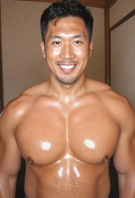 Anime, quality,high quality,masterpiece,extremely detailed,correct anatomy,best aesthetic, detailed face, 1man, (grk_nozomu:1.3), (East Asian Face:1.3), (short hair, black hair, large pectorals, tanned skin, big taller_male, steamy, close up portrait, sweaty body, smile), (dark puffy nipples:1.4), (,hairy armpits, looking at viewer, bulge jeans with precum), ( jeans, dark grey tanktop, sweaty tanktop, close up portrait, upper body focus, lower angle,), standing, indoor,