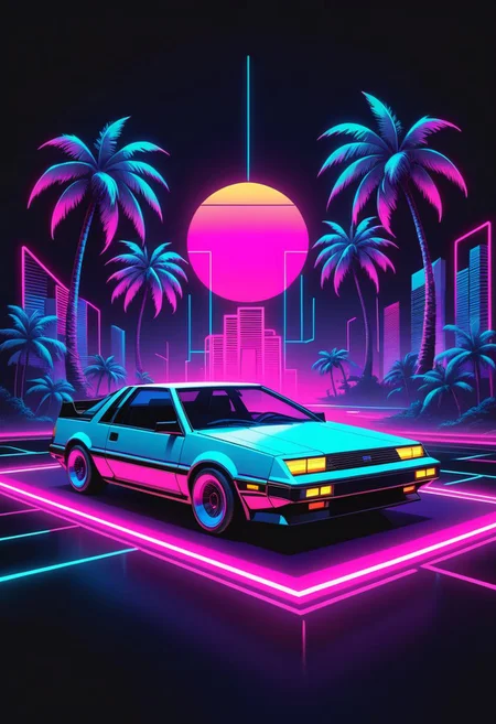 "a minimalist and high-contrast print design inspired by the Synthwave genre and the aesthetics of the 80s. Utilize vibrant neon colors against a dark background to evoke a retro-futuristic feel. Incorporate a car , iconic symbols such as palm trees or cassette tapes, and emphasize geometric shapes and sharp lines for a sleek and modern look. Keep the design clean and focused, capturing the essence of Synthwave's nostalgic vibe with a contemporary twist."