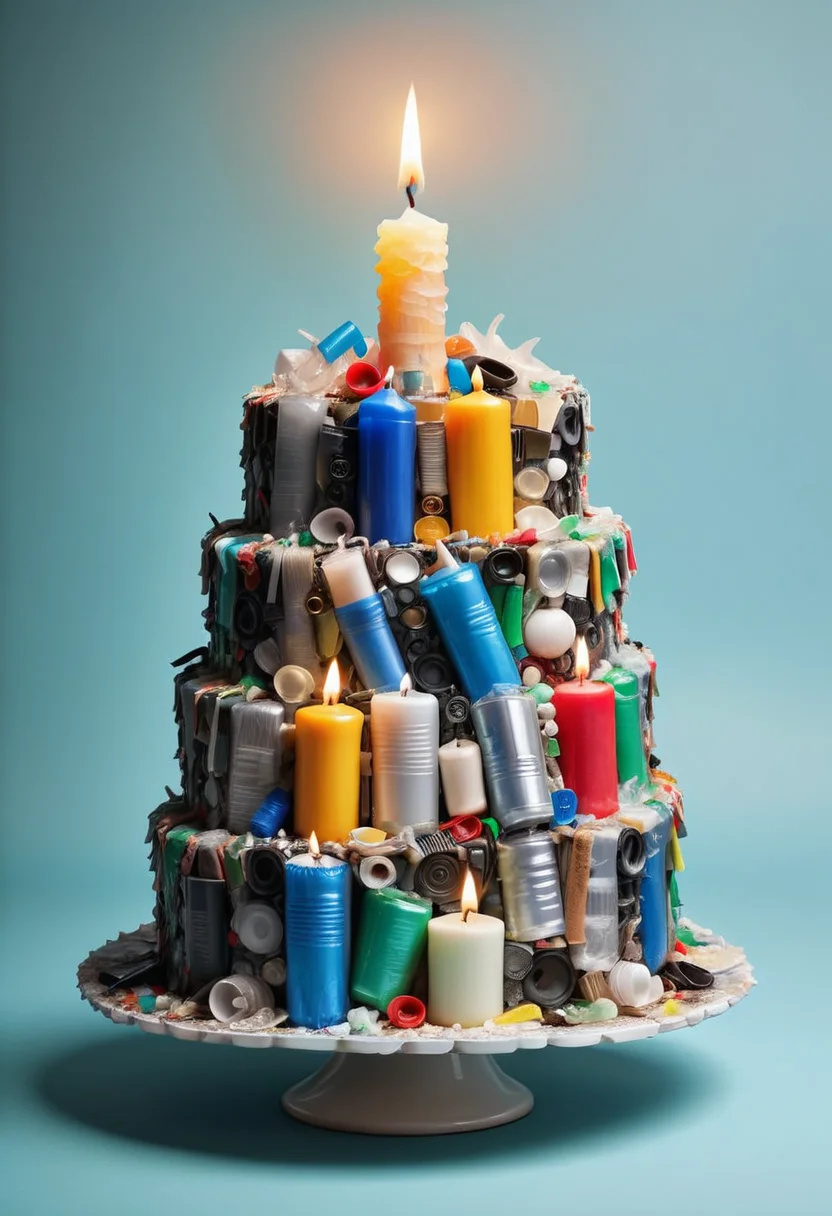 a multi-layered cake made of dvr-trsh with a candle on top <lora:dvr-trsh:0.8>