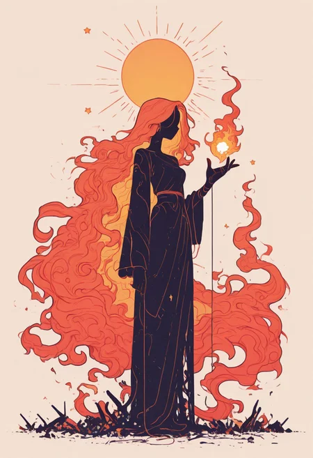 1 girl , solo , crooked , abstract , shredding line , pyrofication, absurdly long fiery hair , sol , sun , star ,
masterpiece, best quality, very aesthetic, incoth, (incase:0.6), Flatline, Flat vector illustration ,
