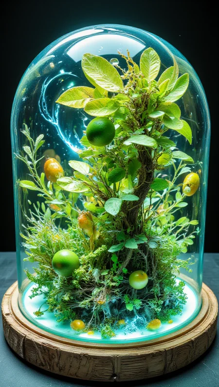masterpiece, 4k, 8k, sharp, a Transparent display dome  with a juicy Lime inside. the light is cinematic. the style is contrasted, and cartoonish, 
detailmaximizer, Midjourney_Whisper <lora:[Flux1]_flux_vividizer:0.3> <lora:[Flux1]_scenery_lora_comfy_converted:0.8> <lora:[Flux1]_Opal_Fantasy_Flux:0.5> <lora:[Flux1]_aidmaPsychadelicChaosWorld-FLUX-v0.1:0.3> <lora:[Flux1]_aidmaImageUpgrader-FLUX-V0.1:0.7> <lora:[Flux1]_midjourney_whisper_flux_lora_v01:0.6> <lora:[Flux1]_SXZ_Nixeu_Flux:0.5> <lora:[Flux1]_Painted_World_Flux_V2:0.1> <lora:[Flux1]_ccc:0.2>