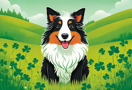 fluffy sheepdog, giant shamrocks, vibrant green meadow, playful expression, cartoon sheepdog, stylized shamrocks, children's book illustration, bold outlines, bright colors, simplified details