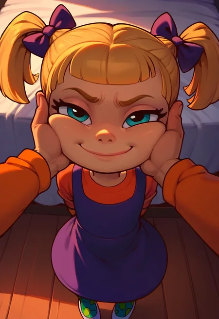 score_9, score_8_up, score_7_up, score_6_up, score_5_up, score_4_up, from above, pov
young face, child, (smug)
1girl, blonde hair, twintails, purple dress, orange sleeves, hair bow, polka dot leggings
bedroom, bed, standing, arms behind back, hand_on_cheek, closed mouth,
<lora:princess_xl_v1:0.7>, <lora:Expressive_H:0.6>, <lora:incase-ilff-v3-4:0.5>, <lora:MysticalPlantPenetratorPDXL:0.5>, <lora:AngelicaXL_PonyXLV6_v5:1>,