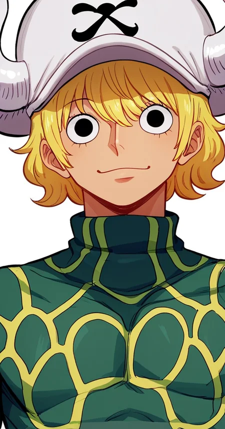 score_9, dellinger (one piece), 1boy, solo, male focus, blonde hair, hat, green shirt, turtleneck, shirt, upper body, twink, femboy, <lora:Dellinger_One_Piece:1>