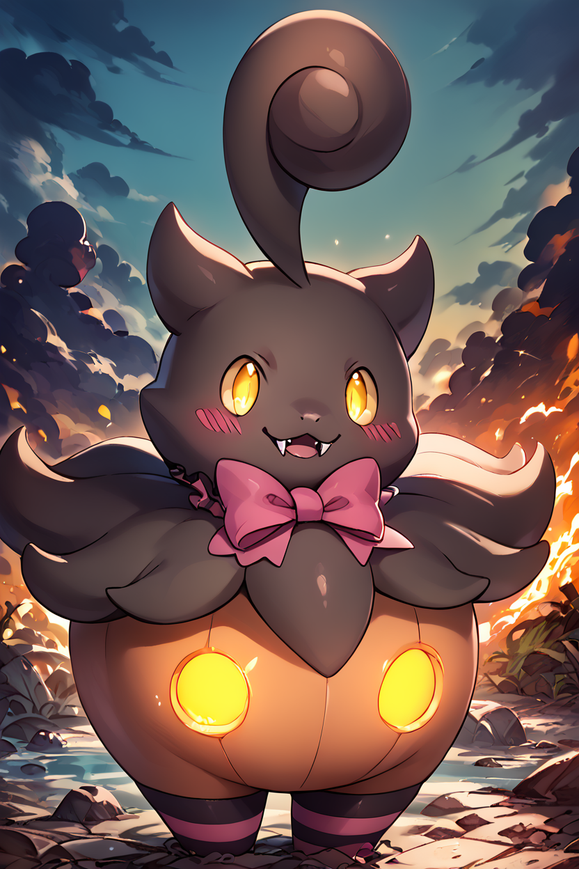 score_9, score_8_up, score_8,   BREAK, ,  zzPumpkaboo, no humans, solo, pokemon (creature), no humans, animal focus,  yellow eyes, fangs, outdoors, fangs out, glowing, <lora:Pumpkaboo_Pokemon_PDXL:0.8>, , BREAK, closed mouth, alternate costume, smile, looking at viewer, blush, ,,, zzLFashion, frilled dress, frills, bow, dress, striped thighhighs, sweetL, cowboy shot, ,,, embedding:zPDXL, Expressiveh, ,,, <lora:Vivid:0.7>, <lora:LFashionPDXL:1>, <lora:Uncensored_PonyXL_cpt_v02.09:0.4>, <lora:Expressive_H-000001:0.4>,