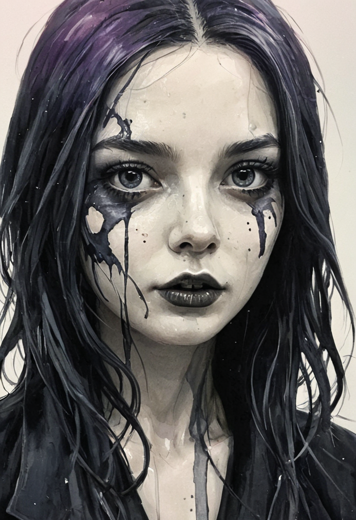 Positiv Clip L
 an award-winning, ink color painting of a  close-up, face of a bautiful woman,
Positive Clip G
 an award-winning, ink color painting of a  close-up of full face of a skinny Gothic woman that captivates the viewer. her dark eyes exude depth and penetration. The dark lips lend a mysterious sensuality to her expression. This close-up captures the intensity and captivating allure of Gothic aesthetics in a single moment, 
---------