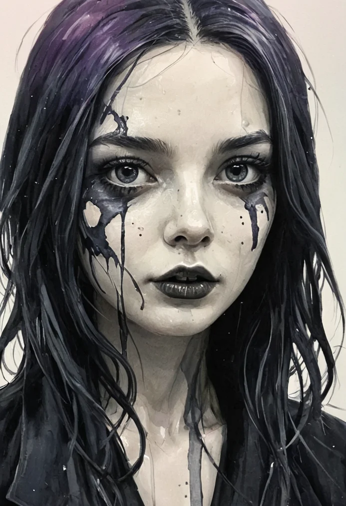 Positiv Clip L
an award-winning, ink color painting of a close-up, face of a bautiful woman,
Positive Clip G
an award-winning, ink color painting of a close-up of full face of a skinny Gothic woman that captivates the viewer. her dark eyes exude depth and penetration. The dark lips lend a mysterious sensuality to her expression. This close-up captures the intensity and captivating allure of Gothic aesthetics in a single moment,
---------