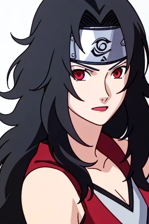 1girl, black hair, solo, red eyes, long hair, forehead protector, headband, konohagakure symbol, looking at viewer, grey background, portrait, simple background