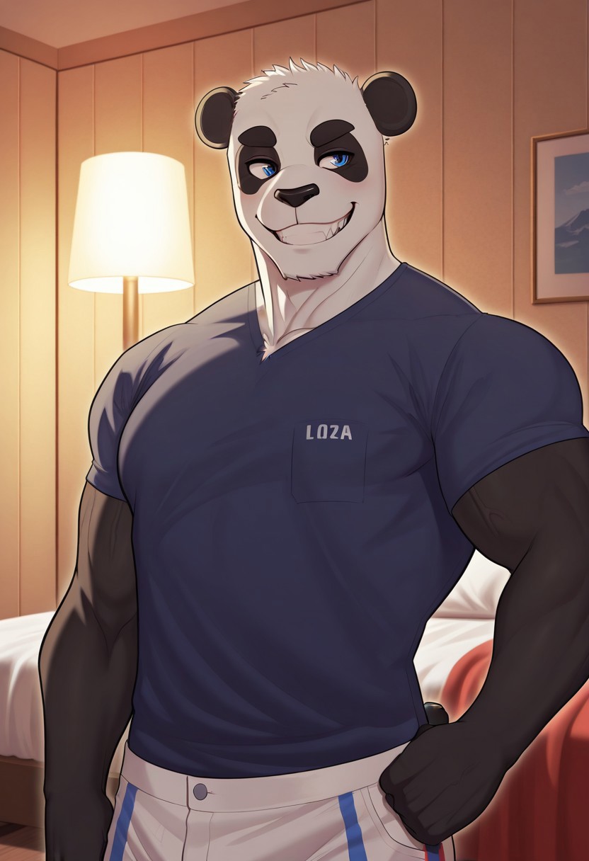 <lora:BryanSL:0.9>, solo, bryanliu, panda, male, manly, masculine, blue eyes, blue shirt, white pants, face focus, portrait, grin, upper body, bedroom BREAK masterpiece, best quality, amazing quality, very aesthetic, high resolution, cinematic lighting, extremely-detailed, absurd res, newest, detailed fur, detailed muscles, furry male, short black tail