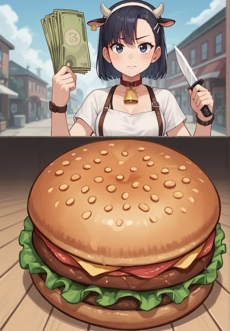 score_9,score_8_up,score_7_up,source_anime,
BREAK
pov,cow,looking at viewer,
2koma,holding knife,pov holding money before and after,
burgers,
<lora:POV_holding_money_before_and_after:1>,