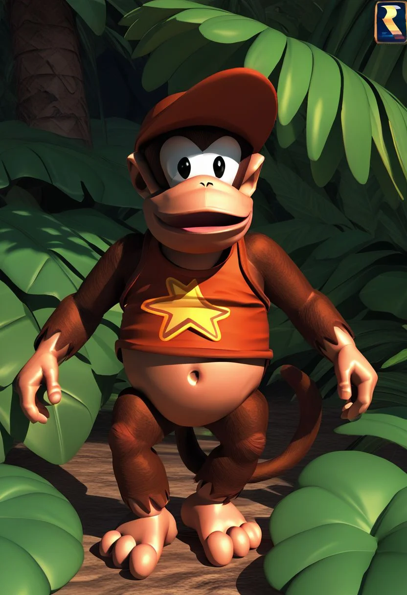 (source_furry, source_cartoon, score_9, score_8_up, score_7_up:1), solo male, diddy kong, kong, looking at viewer, 3d, outdoors, jungle