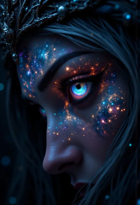 A close-up of a female viking valkyries' enigmatic eyes, swirling with intricate celestial patterns of galaxies, stars, and nebulas, their glowing light casting delicate highlights on her brows and lashes. The chiaroscuro style heightens the drama, with intense shadows framing her face and a soft celestial glow illuminating her features. The color palette of rich blues, purples, and shimmering golds contrasts beautifully with the deep shadows, creating a visually arresting image of infinite mystery and allure.