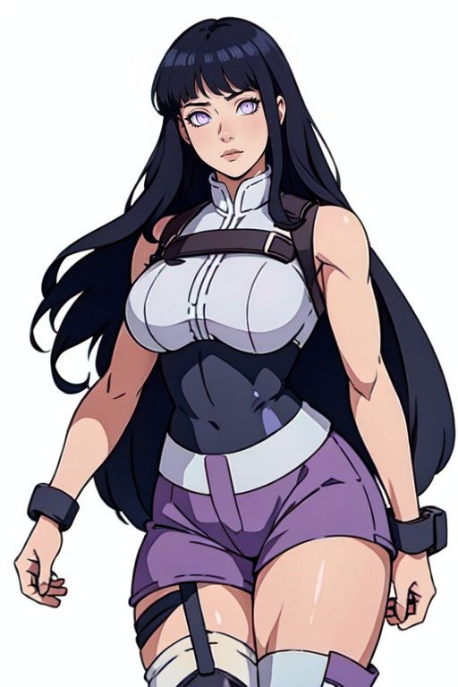 masterpiece,best quality,extreme detail,8k,white background,<lora:hinata:0.7>,hinata2,1girl,solo,long hair,looking at viewer,simple background,black hair,thighhighs,white background,standing,purple eyes,==boots,bandages,knee boots,toeless footwear,cowboy_shot,upper_body,large breats,wide hips,