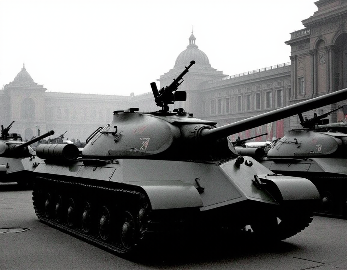 <lora:is3:0.9>is3,This is the Soviet heavy tank, IS3. The vehicle length is 6.67 m, the overall width is 3.2 m, and the overall height is 2.45 m.from side.A vehicle-mounted machine gun on a turret pointed upwards.no humans.Military parade on Red Square, Moscow.