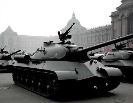 <lora:is3:0.9>is3,This is the Soviet heavy tank, IS3. The vehicle length is 6.67 m, the overall width is 3.2 m, and the overall height is 2.45 m.from side.A vehicle-mounted machine gun on a turret pointed upwards.no humans.Military parade on Red Square, Moscow.