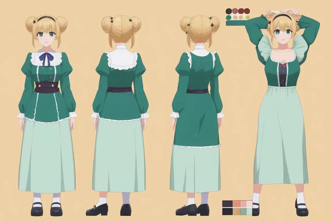 (masterpiece, best quality),blonde hair,green eyes,long sleeves,double hair bun,green shirt,puffy long sleeves,dress,puffy sleeves,frills,green dress,black shoes,star hair ornament,skirt,shirt,black hairband,(simple backgound),
character sheet,model sheet,turnaround,multiple views of the same character,
character sheet,model sheet,turnaround,multiple views of the same character,
multiple views of the same character,,<lora:Model_Sheet_Xl:1>