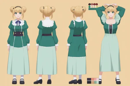 (masterpiece,  best quality),blonde hair,green eyes,long sleeves,double hair bun,green shirt,puffy long sleeves,dress,puffy sleeves,frills,green dress,black shoes,star hair ornament,skirt,shirt,black hairband,(simple backgound),
character sheet,model sheet,turnaround,multiple views of the same character,
character sheet,model sheet,turnaround,multiple views of the same character,
multiple views of the same character,,<lora:Model_Sheet_Xl:1>