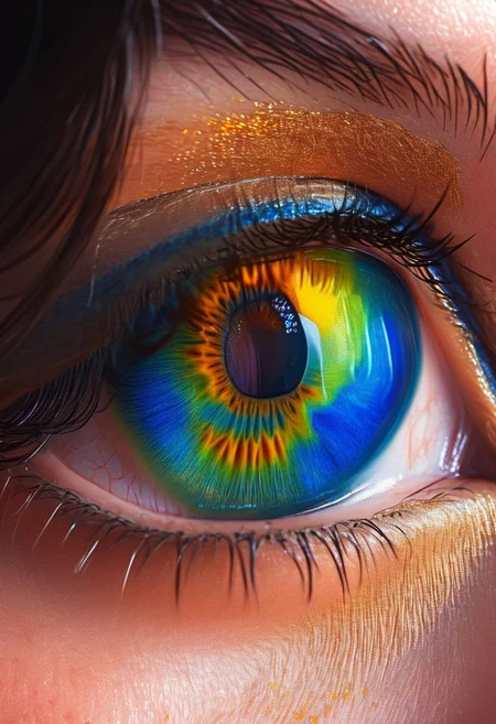 Woman, body art, hyper realistic eye, Satin Sheets Gold, Sapphire Blue, Peacock Blue, skin, close-up, chaotic, flaming, skin texture, pulsating, cinematic angle,