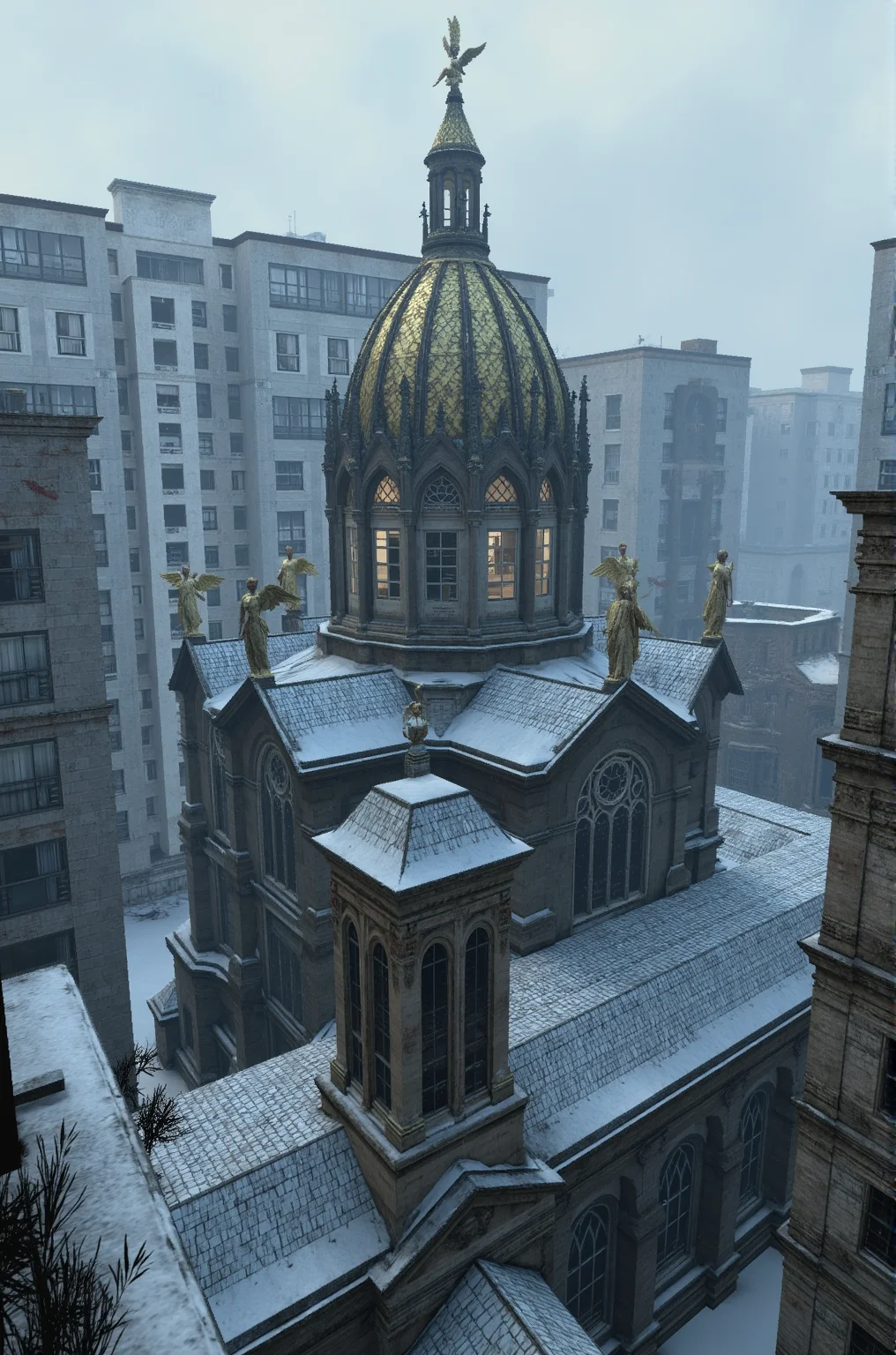 A highly realistic, cinematic photo-style image of a majestic, historic cathedral with an ornate central dome, crowned by solemn angel statues spaced evenly around its upper rim. The angels are sculpted in lifelike detail with outstretched wings and watchful gazes, their stone forms lightly dusted with snow. The cathedral's architecture is grand and gothic, featuring intricate stonework, arched windows, and golden highlights that glint faintly in the cold light. Looming around the cathedral are massive, decaying dystopian apartment blocks made of cracked concrete and rusted steel, their brutalist design stark and oppressive. Snow falls softly over the scene, settling on ledges and rooftops. The perspective is low and slightly wide-angle, enhancing the scale and contrast between the divine and the decayed. Lighting is moody and overcast, casting soft shadows and enveloping the cityscape in a cold, gloomy atmosphere with desaturated, cinematic color grading in blue-gray tones.
 <lora:Source_Engine:1> s0urc3,  Computer-generated scene of, skybox backdrop, video game environment, Low-polygon 3D modeling with clean simple geometry, matte textures with minimal specular highlights, baked ambient occlusion, shadow mapping, directional lighting with sharp shadow edges, limited dynamic lighting effects, stylized environmental textures with visible tiling, subtle fog effect in distant areas, hard geometric building edges with minimal beveling, semi-realistic proportions with slightly exaggerated features, high contrast between light and shadow areas