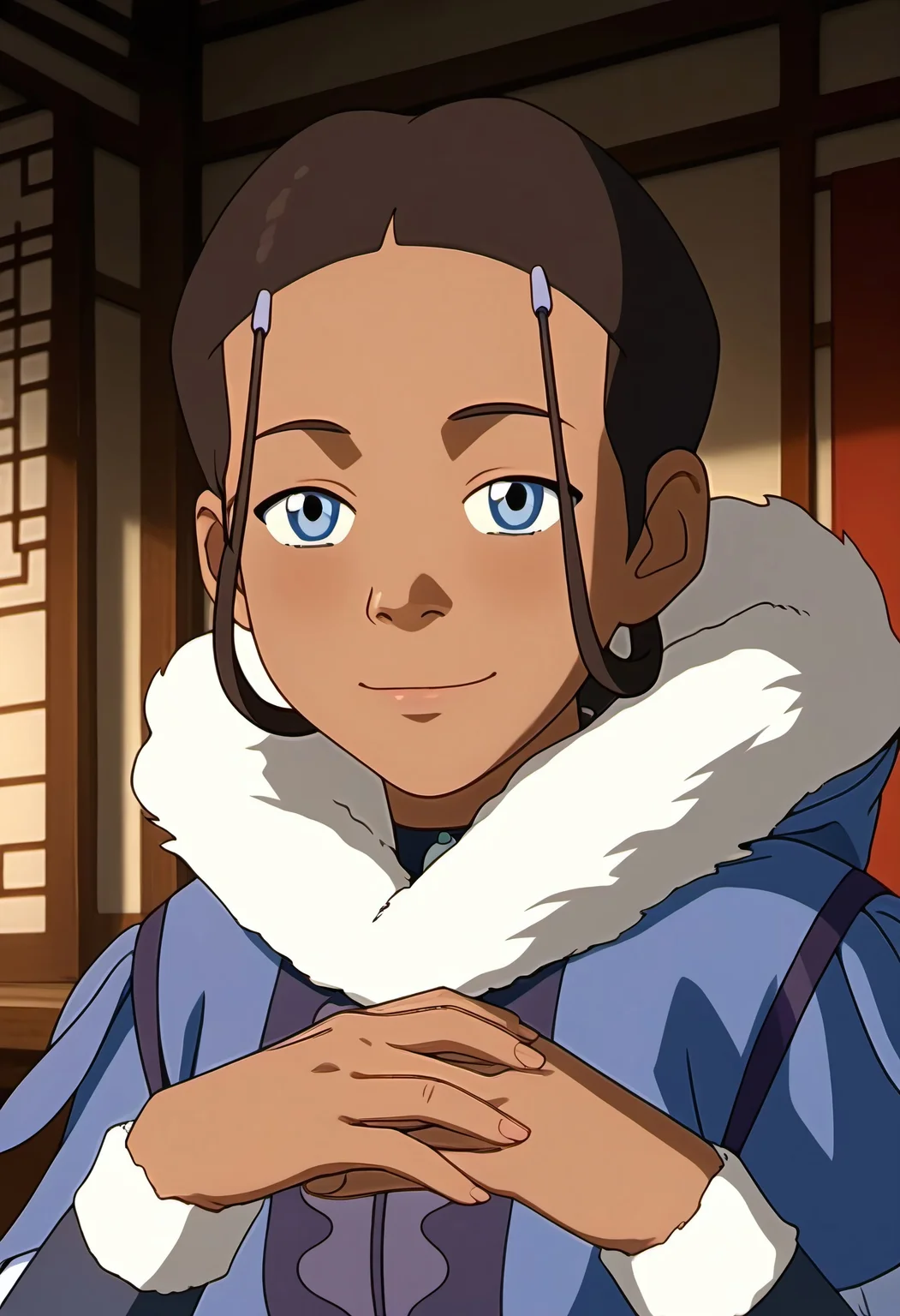score_9, score_8_up, score_7_up, realistic, realism, HD, perfect quality, 16k, very detailed, realistic lighting, detailed face, BREAK, (((good_hands))), (((perfect eyes, bedroom eyes, (light smile:0.5)))),  BREAK, solo, 1girl, (((Katara-BookWater, blue eyes, short hair, brown hair, hair ornament, dark skin, dark-skinned female))), eye_focus, ((medium breasts, big ass)), (bedroom eyes), looking at viewer, nervous, seductive, sensual, medium body size, slightly small neck, plumb body, voluptuous hips and thighs, curvy body size, microwaist, (feminine body, soft body:1.5), BREAK,  dark skin, blue eyes, smile, hair ornament, brown hair, upper body, 1girl, dark-skinned female, closed mouth, male focus, hairclip, short hair, dark-skinned male, 1boy, black hair, fur trim