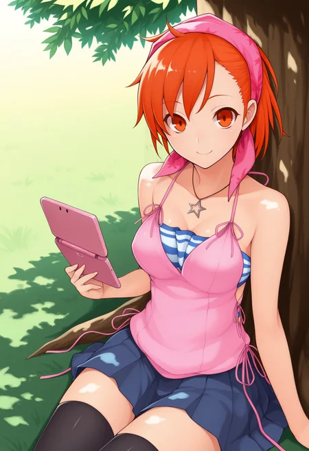 masterpiece, best quality, solo, 1girl, smile, looking at viewer, <lora:Yuzu-illus_Fp:1>, yuzu, short hair, orange hair, orange eyes, bandana, pink camisole, bandeau, skirt, thighhighs, star necklace, outdoors, handheld game console, nintendo ds, sitting, holding, under tree,