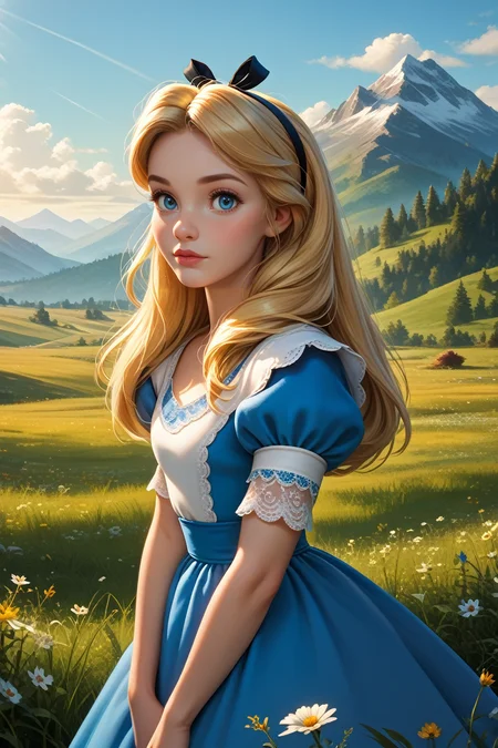 score_9, score_8_up, score_7_up,
<lora:DisneyAlice:0.8>
DisneyAlice, 1girl, blonde hair, blue eyes, long hair, hairband, looking at viewer, standing in a field during the golden hour, hand gently brushing through tall grass, mountains in the distance, warm sunlight casting a glow, serene and connected to nature