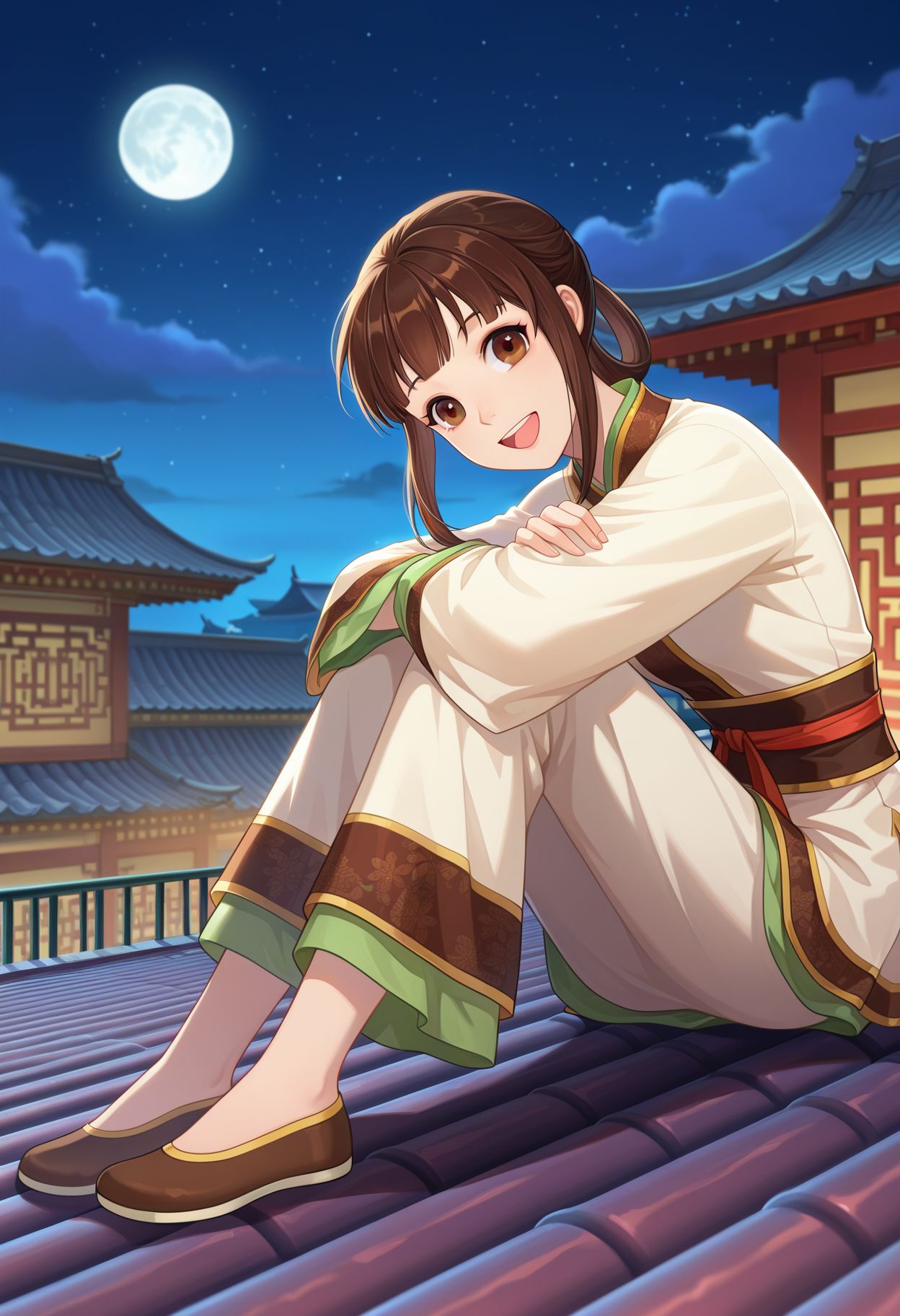 <lora:shuijing_(xuan_yuan_sword)_v1_IL-29:1.0> shuijing, 1girl, brown hair, brown eyes, white chinese clothes, rooftop, night, night sky, moon, open mouth, happy, looking at viewer, sitting, knees up, leaning against, source_anime