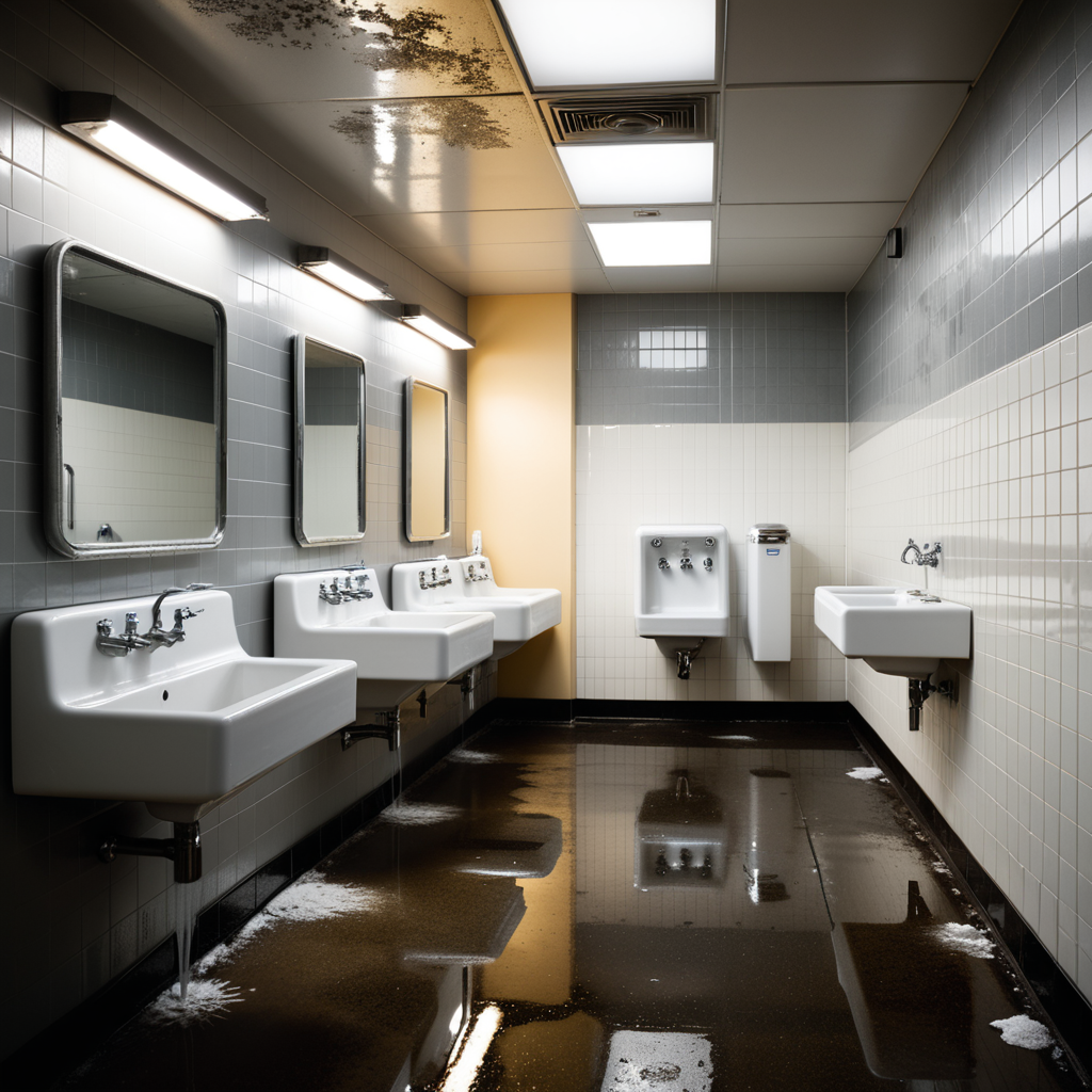 The interior of a public restroom with a utilitarian and slightly neglected design. The walls are covered in plain, slightly stained white tiles, some of which are cracked or chipped. The floor consists of large, dull gray tiles with faint scuff marks and small puddles of water near the sinks. On one side of the room, a row of metal bathroom stalls with scratched doors and faded paint lines the wall. On the opposite wall, a series of wall-mounted urinals made of white ceramic are spaced evenly, each with a metallic flush handle above. Some urinals have faint stains and water streaks, with one having a small puddle beneath it. A row of sinks with old, slightly rusted faucets sits beneath a large, streaked mirror that has smudges and water spots. Above, fluorescent tube lights buzz faintly, casting a cold, sterile glow over the space. A faint smell of cleaning chemicals lingers in the air, mixed with the dampness of the room. A hand dryer is mounted on the wall near the entrance, and a trash bin overflowing with crumpled paper towels stands nearby. The atmosphere feels functional but slightly neglected, emphasizing its everyday use.
<lora:SDXLFaeTastic2400:0.4> <lora:extremely_detailed:0.4> extremely detailed, Masterpiece,best quality,hi res,8k,hi res,8k,award winning,(sharp focus, intricate, highly detailed),