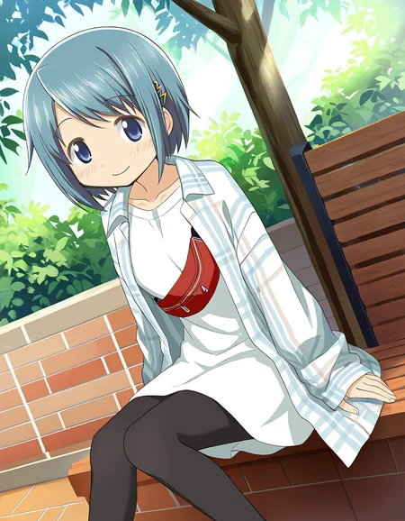 masterpiece, best quality, newest, absurdres, highres, safe, 1girl, miki sayaka \(casual costume\), magia record: mahou shoujo madoka magica gaiden, long shirt, pantyhose, sitting, outdoors, dutch angle, <lora:miki_sayaka_noobaiXLNAIXL_vPred10Version:0.7>