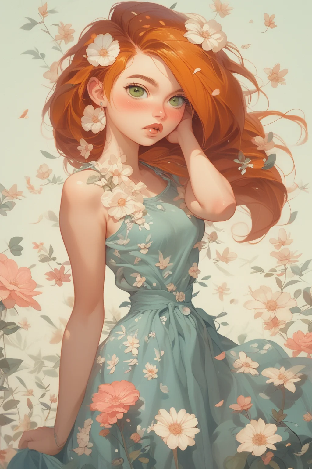 score_9, score_8, score_7 up, 1girl, kim possible, beautiful eyes, blush, fl0rald0lls, dynamic pose, summer dress, pastel background, flowers, leaf, pink flower, white flower <lora:Floral Dolls Pony Style:0.8><lora:EnvyPonyPrettyEyes01:0.7> <lora:Kim_Possible:0.8>