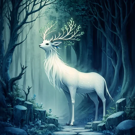 <lora:Dark_GhibliSDXL:1> Studio Ghibli Dark Fairytale, The image is a digital illustration of a white deer standing in a dark forest. The deer has long flowing white fur and large antlers that are spread out in all directions. It is standing on a stone path that winds through the trees with a stone wall on one side and a small stream running alongside it. The trees are tall and dense with many branches reaching up towards the sky. The background is a mix of green and blue tones giving the impression of a foggy and misty atmosphere. The overall mood of the image is peaceful and serene., nature, no humans, forest, tree, antlers, deer, outdoors, scenery, plant, horns