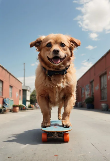 A dog riding a skateboard