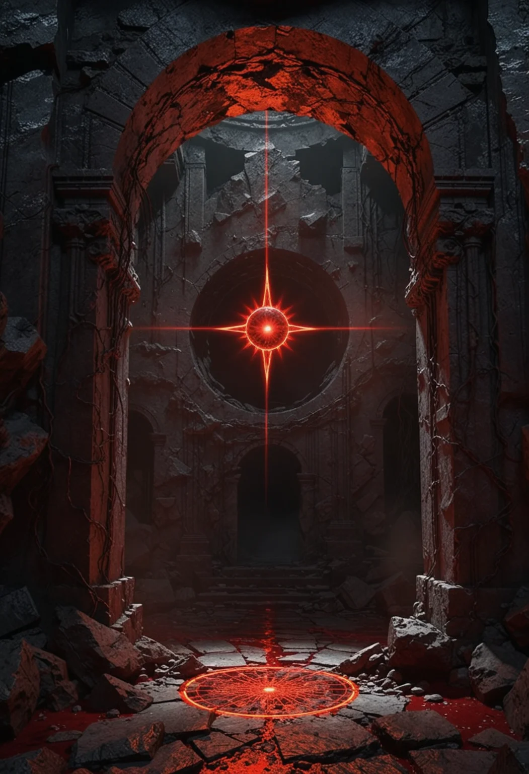 This is a digital artwork depicting a futuristic, abstract scene. The central focus is a large, glowing, red, circular light with intricate, radial patterns emanating from its center, resembling a stylized sun or star. This light is positioned against a dark, almost black background, creating a stark contrast. The light is surrounded by a network of smaller, glowing red lines that extend downwards and outwards, adding complexity and depth to the design.  The scene is framed by two large, stone archways on either side, with a pathway leading towards the central light. The stone archways are textured with a rough, rocky appearance, and the pathway is uneven with jagged rocks and a slightly misty, ethereal atmosphere. The pathway itself is covered in a reddish substance, possibly representing a futuristic, liquid-like material.  The color palette is dominated by deep blacks, grays, and reds, with a sense of otherworldliness and mystery. The style is highly detailed and reminiscent of sci-fi art, with a strong emphasis on light and shadow. The overall effect is both mesmerizing and somewhat ominous, evoking a sense of awe and curiosity about the nature of the glowing light.    no_humans, blood, glowing, scenery, rock, ruins, pillar, rubble, cracked_floor