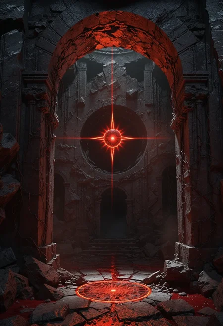 This is a digital artwork depicting a futuristic, abstract scene. The central focus is a large, glowing, red, circular light with intricate, radial patterns emanating from its center, resembling a stylized sun or star. This light is positioned against a dark, almost black background, creating a stark contrast. The light is surrounded by a network of smaller, glowing red lines that extend downwards and outwards, adding complexity and depth to the design. The scene is framed by two large, stone archways on either side, with a pathway leading towards the central light. The stone archways are textured with a rough, rocky appearance, and the pathway is uneven with jagged rocks and a slightly misty, ethereal atmosphere. The pathway itself is covered in a reddish substance, possibly representing a futuristic, liquid-like material. The color palette is dominated by deep blacks, grays, and reds, with a sense of otherworldliness and mystery. The style is highly detailed and reminiscent of sci-fi art, with a strong emphasis on light and shadow. The overall effect is both mesmerizing and somewhat ominous, evoking a sense of awe and curiosity about the nature of the glowing light. no_humans, blood, glowing, scenery, rock, ruins, pillar, rubble, cracked_floor