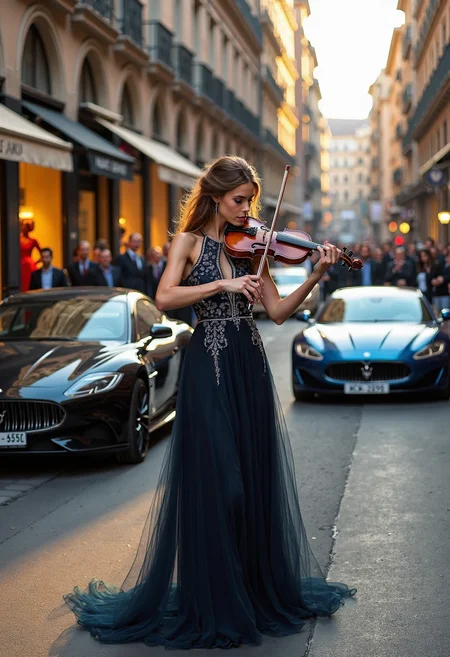 a highly detailed and professional photo featuring a a young woman in an elegant, flowing evening gown, standing in the middle of Via Montenapoleone in Milan during Fashion Week. Her dress is a stunning, floor-length piece in a rich, deep shade, perhaps midnight blue or burgundy, with intricate lace and beadwork catching the light. The gown moves gracefully around her as she plays an antique Stradivari violin, her fingers gliding over the strings with precision and elegance. Her expression is intense and focused, fully absorbed in her music, radiating a sense of dedication and passion.
Around her, the busy street is filled with the buzz of Fashion Weekâcrowds of well-dressed tourists, photographers, and fashion enthusiasts with cameras, eagerly capturing the cityâs luxury and style. High-end boutiques line the street on both sides, their polished glass windows displaying designer handbags, dresses, and jewelry. Luxury cars, including sleek black sedans and brightly colored sports cars, are parked along the sides of the road, adding to the opulence of the scene.
The lighting is golden and warm, with the late afternoon sun casting a soft glow over the street, illuminating the woman and her violin in a spotlight-like effect that enhances her elegance. The violin itself shows signs of age and history, its wood a warm, time-worn color that contrasts with the modern, bustling backdrop of Milanâs fashion district. The strings of the instrument vibrate visibly, hinting at the beautiful, soulful music filling the air.
This juxtaposition of old and new, elegance and energy, adds a timeless, almost magical quality to the imageâan iconic moment where art and culture blend effortlessly with the stylish, contemporary world of Fashion Week in Milan.