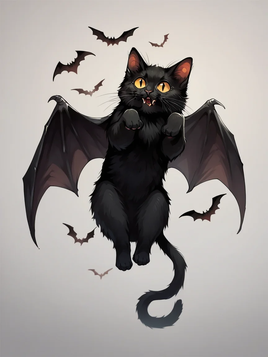 score_9, score_8_up, score_7_up, score_6_up, score_5_up, <lora:catbatXLP:1> catbat, no humans, animal focus, black cat, bat wings, cute, flying