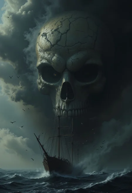 The image depicts a dramatic scene where a ship, likely an old sailing vessel, is surrounded by a thick, dark cloud formation. The cloud is shaped in a way that strikingly resembles a skull face, giving the scene an ominous, almost supernatural feel. Birds are seen flying near the ship, adding to the eerie atmosphere. The overall mood of the image suggests themes of adventure, mystery, or even horror