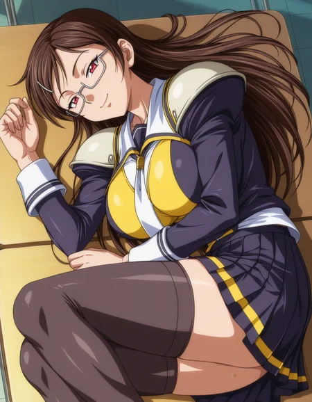 1girl, solo, kaneda maiko, brown hair, long hair, hairclip, red eyes, under-rim eyewear, silver glasses, smile, narrowed eyes, closed mouth, large breasts, St_Arcadia_Uniform, school uniform, black and yellow clothes, shoulder pads, white necktie, long sleeves, pleated skirt, black thighhighs, lying, on side, classroom, low light, anime coloring, retro artstyle <lora:kaneda_maiko_ilxl_v1-hs:0.7>