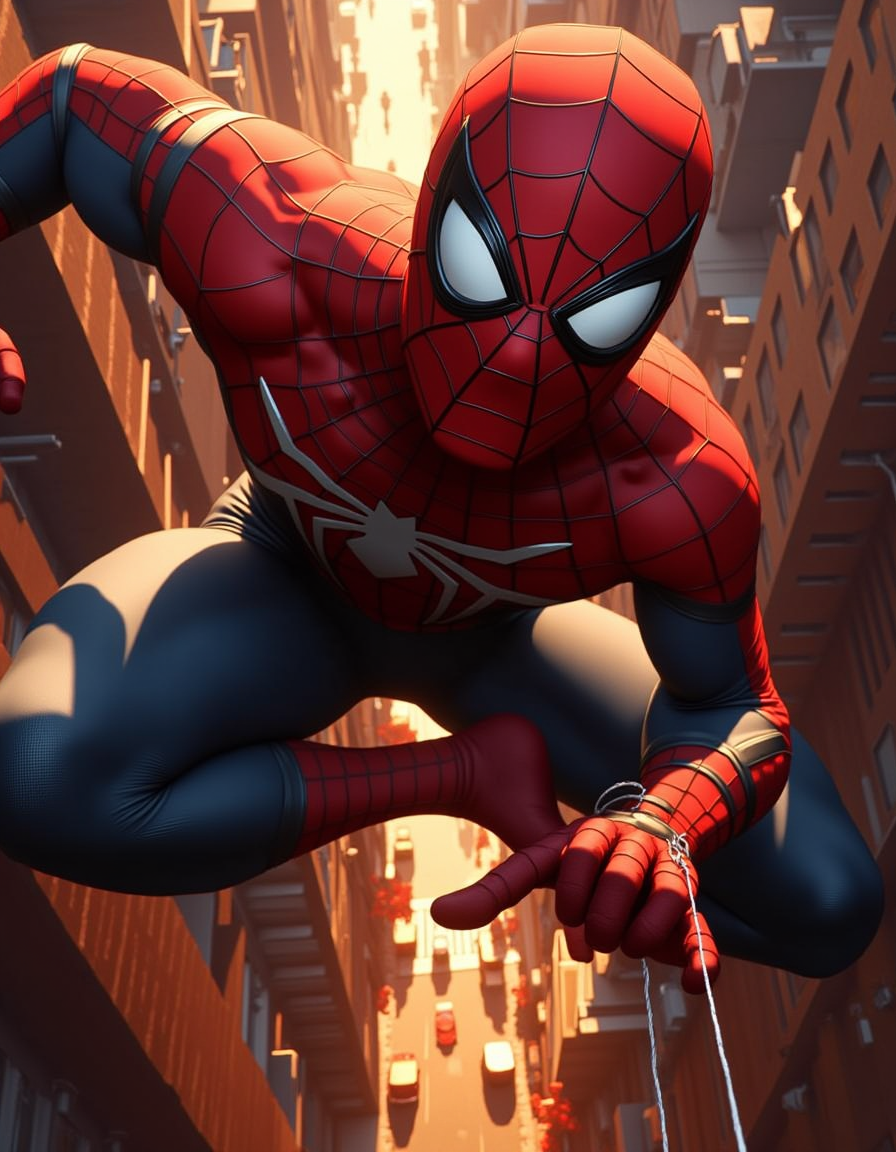 A superhero photograph capturing Spider-Man swinging through a bustling cityscape at dusk. The image is shot in stunning 16K resolution with an absurd resolution of 32000 x 16000 pixels, resulting in highly detailed textures and intricate details. The composition style utilizes leading lines created by the city's architecture to guide the viewer's eye towards Spider-Man, who is suspended in mid-air with his web-shooters at the ready.