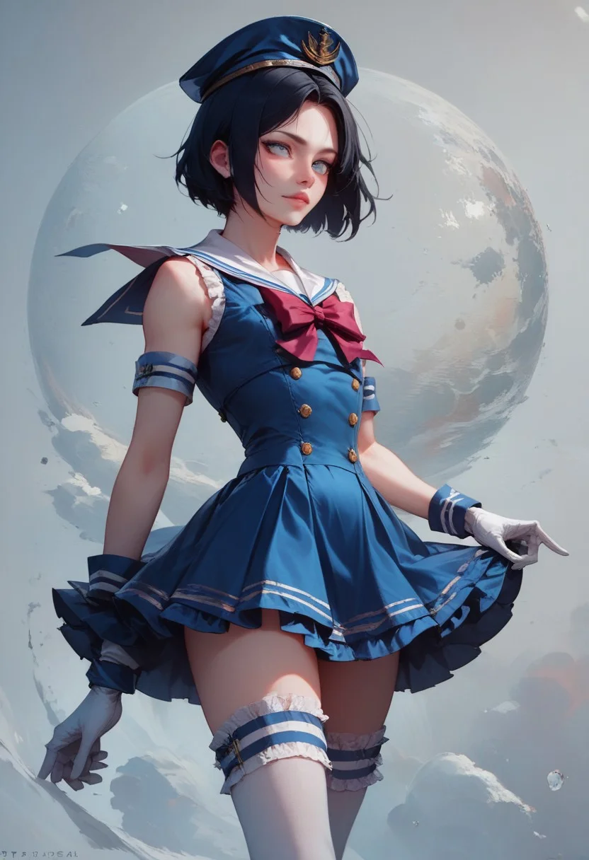 score_9, score_8_up, score_7_up, 1boy, femboy, otoko no ko, short hair, bob cut hair, black hair, grey eyes, gray eyes, feminine face, toned body, Shelly, Jed-Salr, Navy Blue Mini Dress, White Trim, White Sailor Collar, Nautical Stripes, White Thigh-High Stockings, Sailor Hat, White Gloves, Sailor Cuffs, White Petticoat, highly detailed, intricate, zzCitronCAT, pose, modelshoot, solo